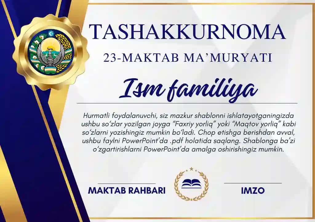 Tashakkurnoma, Diplom, .... Shablon PowerPoint