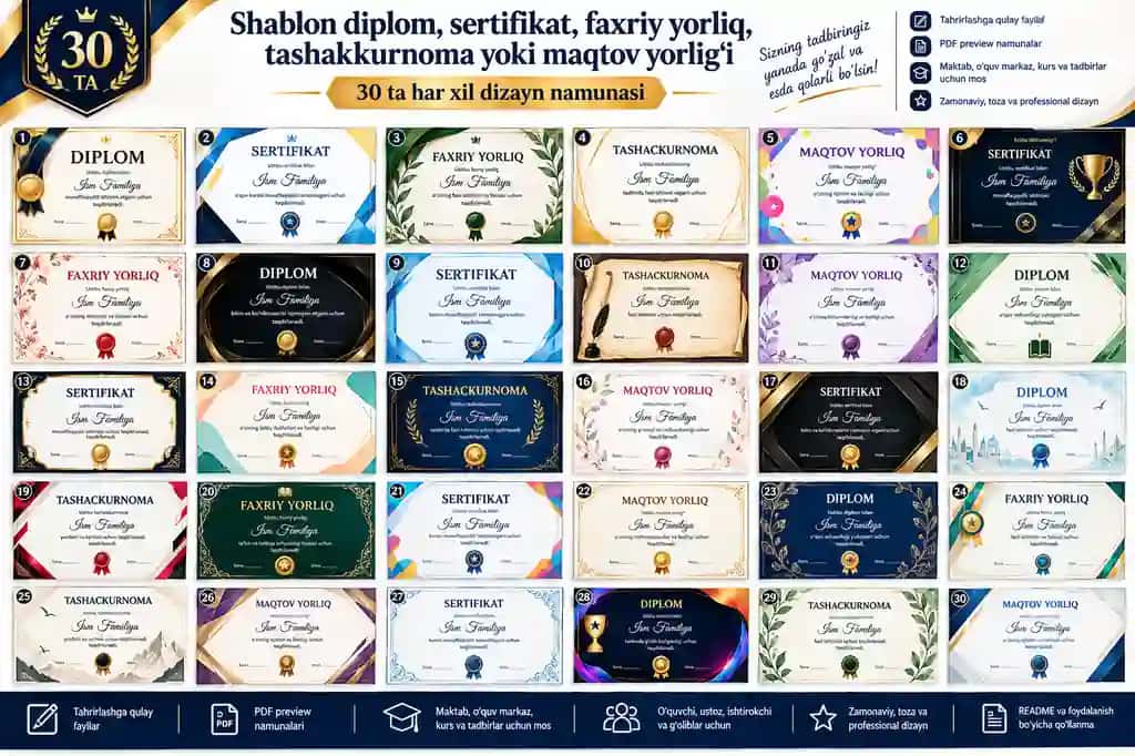 Shablon diplom, sertifikat, faxriy yorliq, tashakkurnoma yoki maqtov yorlig'i 30 tasi 1 da