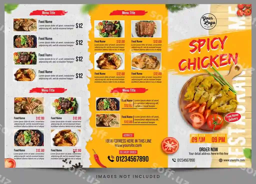 Menyu achchiq qovoq bilan taom rasmi | Menu spicy chicken with picture food it