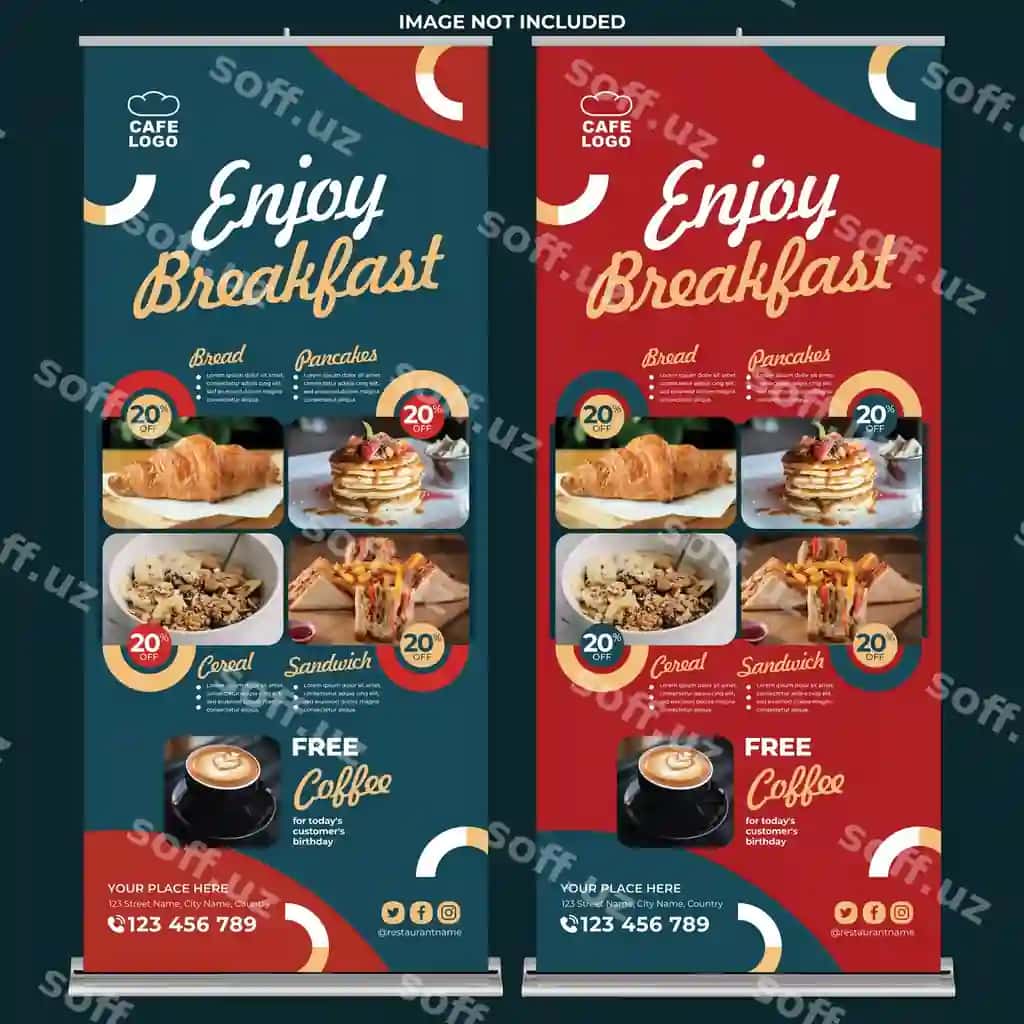 Restoran reklamasi roll-up baner bosqichi pechat shabloni tekis dizayn uslubi | Restaurant promotion roll up banner print template flat design style