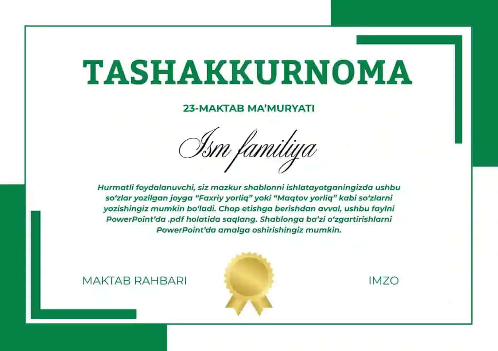 Tashakkurnoma, Diplom, .... Shablon PowerPoint