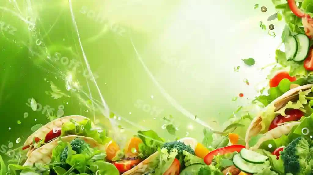 Yangi binofa salat yashil orqa fonda | Fresh vibrant salad with green background