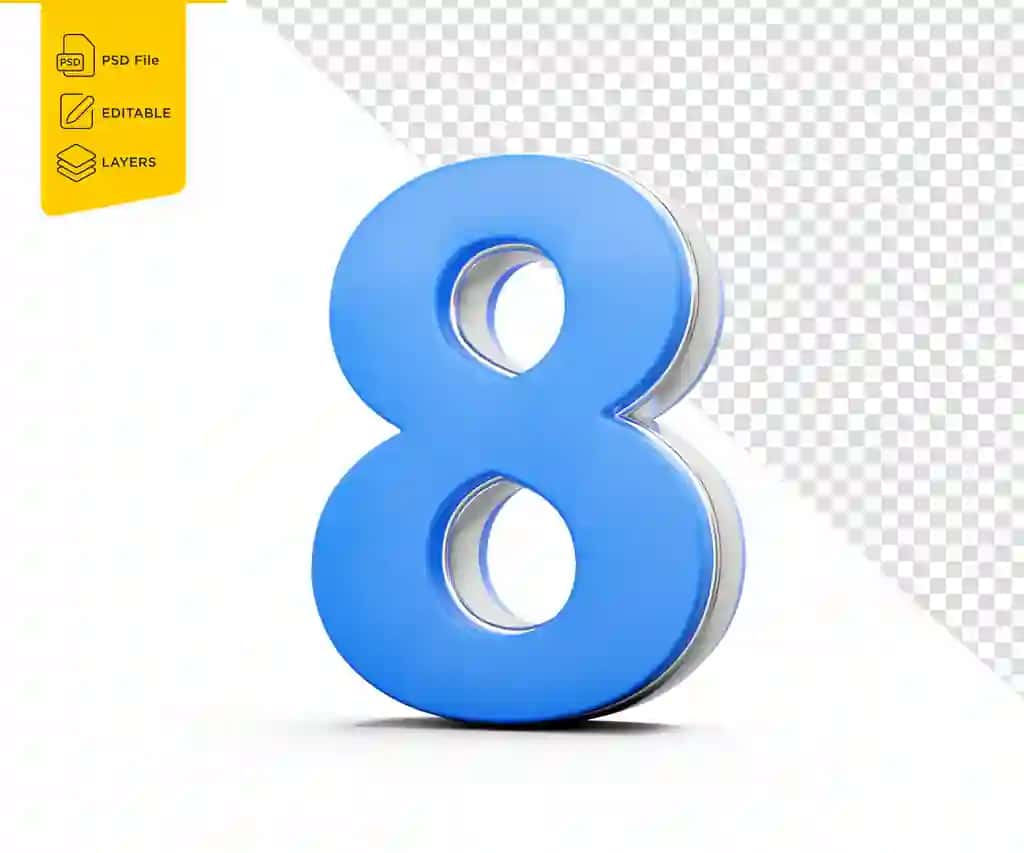 Yorqin ko'k rangli 8 xonali sakkizta raqam, oq rangli metall porlashi | Vibrant blue 8 digit eight number with sleek metallic gleam white