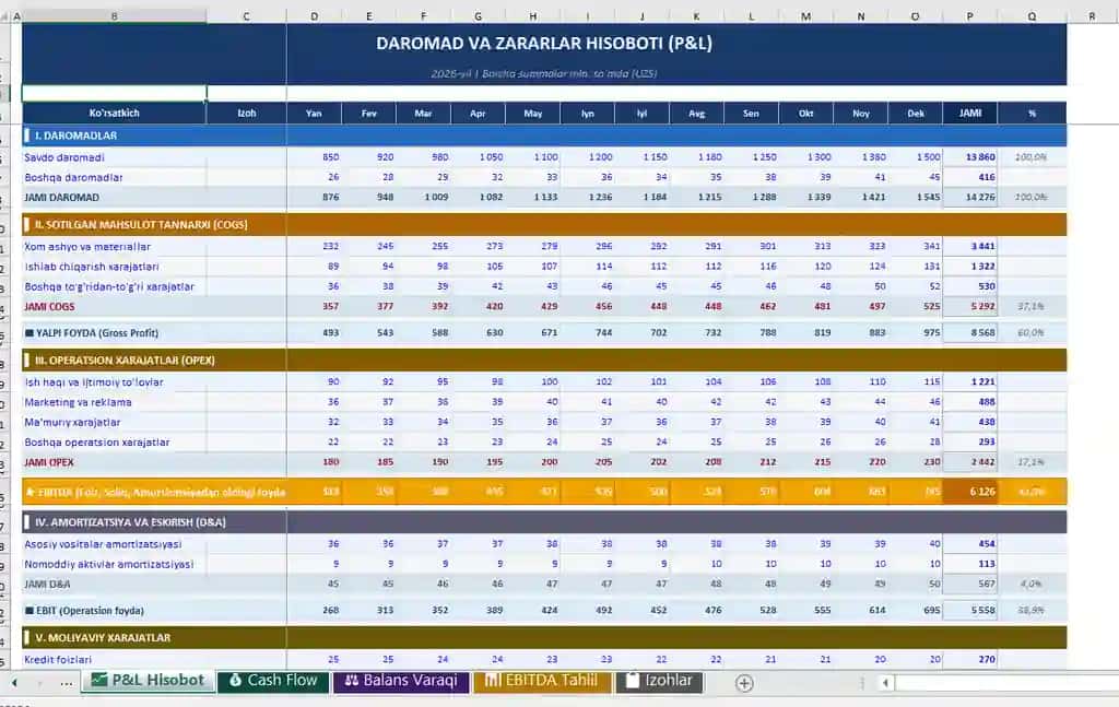 Cash flow statement, p&l statement format