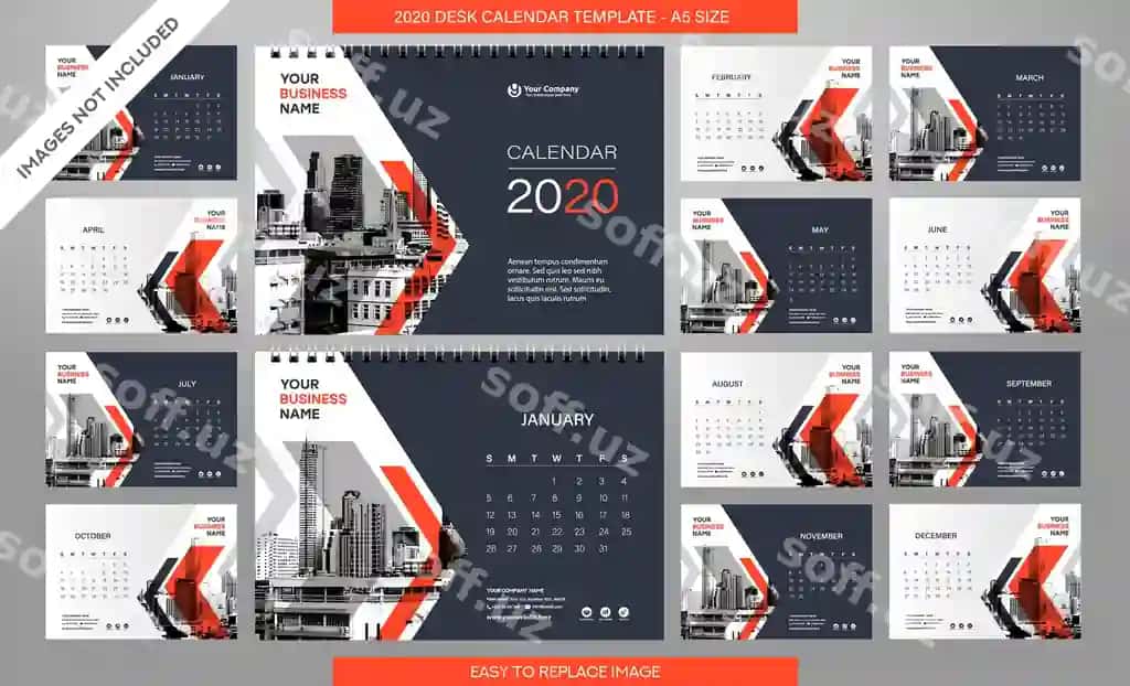 2020 yilgi stol kalendari shabloni, barcha oylar kirgan | Desk calendar 2020 template all months included