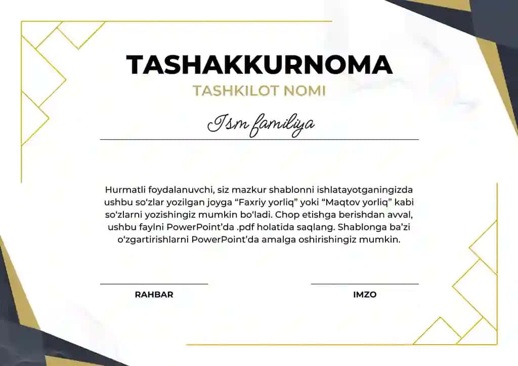 Tashakkurnoma, Diplom, .... Shablon PowerPoint