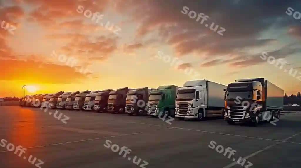 Ko'plab yuk tashuvchi avtomobillar servis stantsiyasida to'xtatilgan quyosh botishi generative ai | Many transport trucks parked service station sunset generative ai