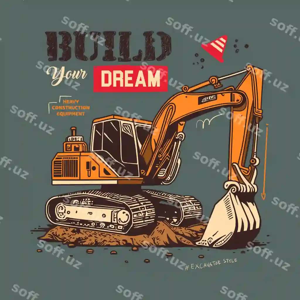 Sariq ekskavator yerga chojidan kashayotgan, qurish sening orzing. | Yellow excavator digging into ground with dirt build your dream