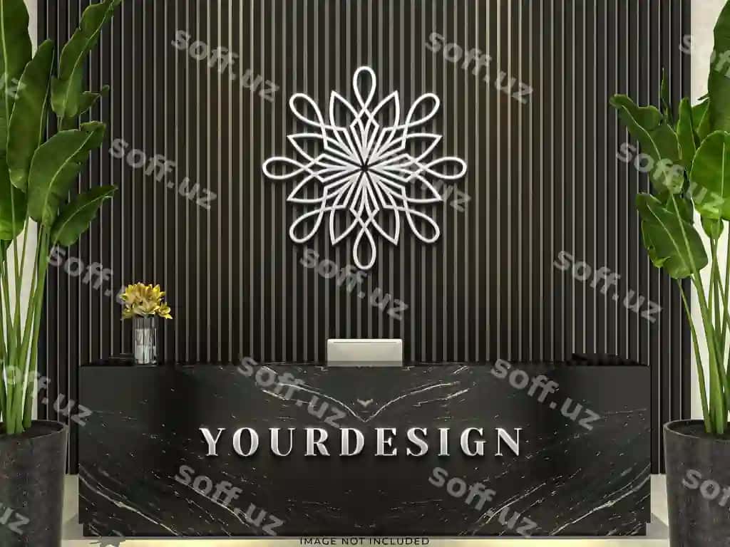 3d logotip mockup devor paneli marble qabul stoli qora | 3d logo mockup panel wall marble reception desk black