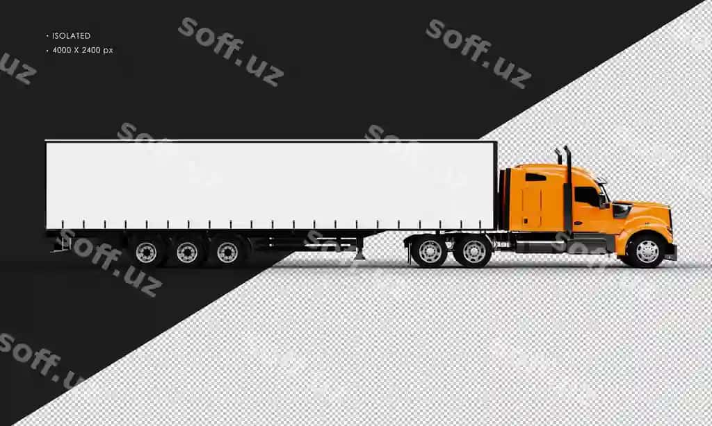 Ajraltirilgan haqiqiy shinovar apelsin rangli uzun trailer o'ng tomondan | Isolated realistic shiny orange long trailer truck from right side