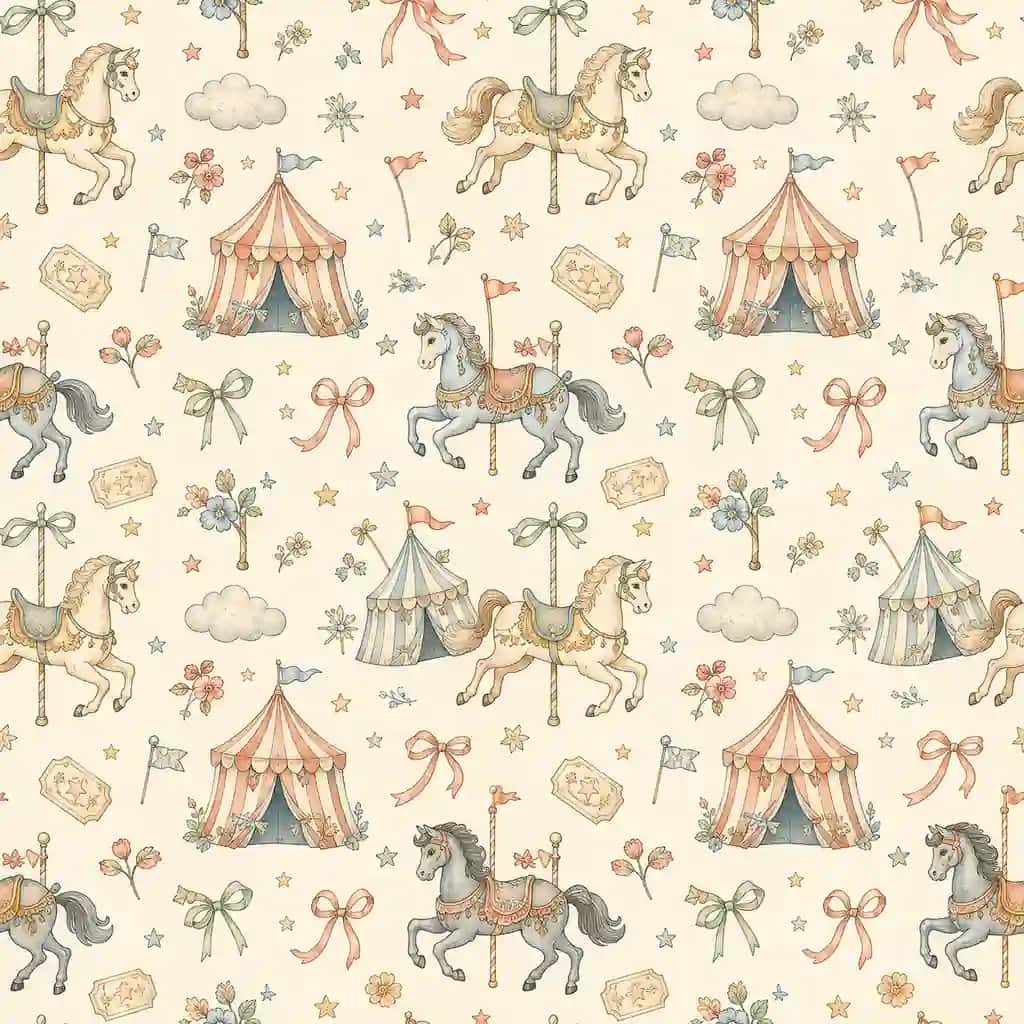 Akvarel uslubidagi retro karusel va sirk seamless pattern (2D Vektor)