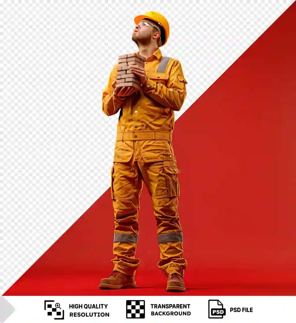 Psd o'ylayotgan yosh quruvchining formasi qizil rangli g'isht tutgan | Psd thinking young builder man uniform holding looking bricks red