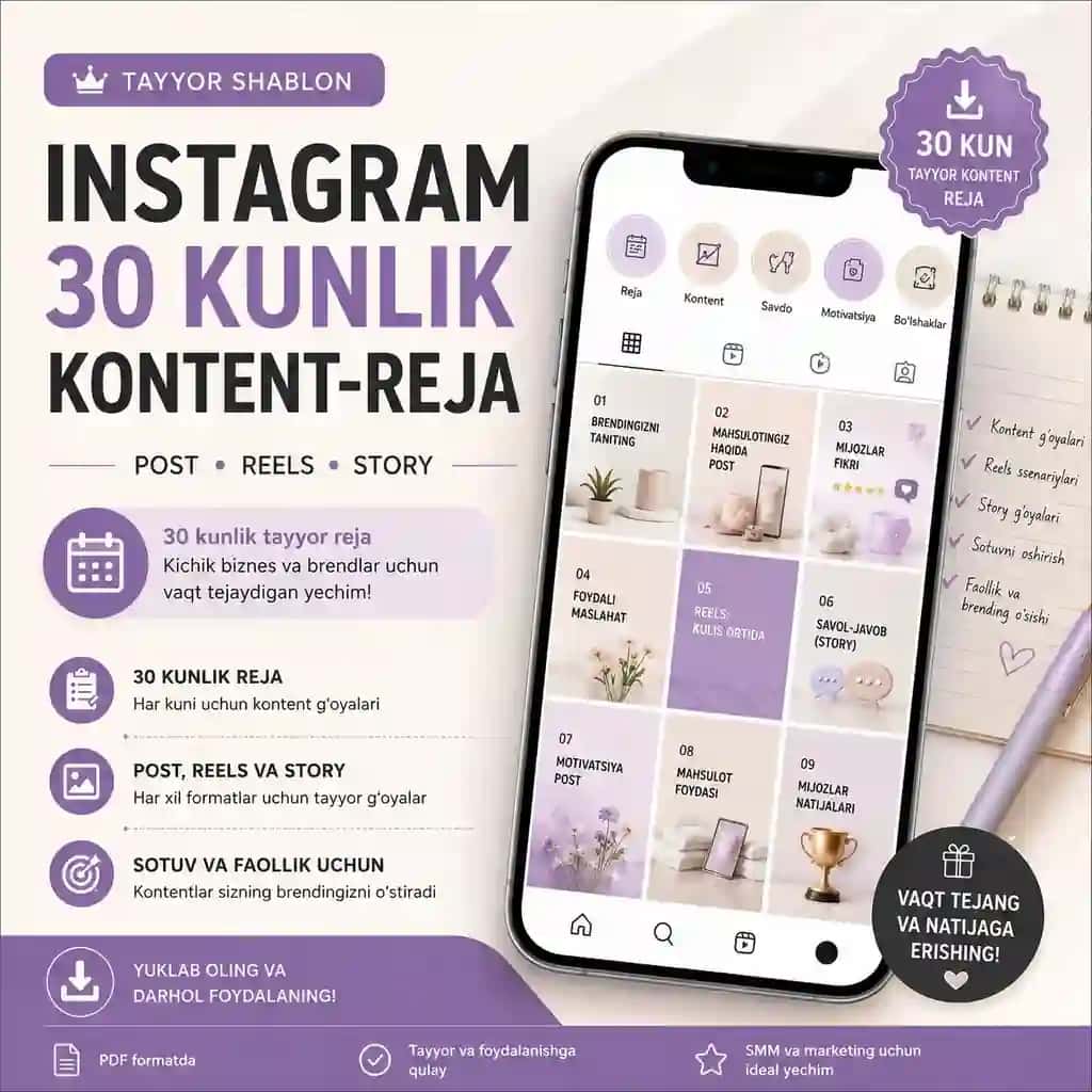 Instagram uchun 30 kunlik tayyor kontent-reja | Post, Reels va Story g'oyalari