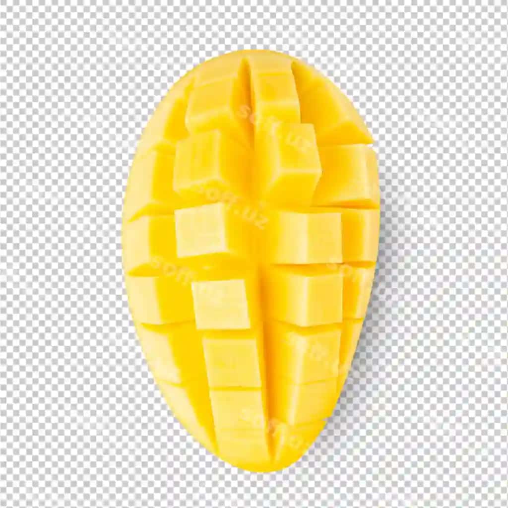 Sariq mango doyilari kesilgan to'liq chuqurlik maydoni | Yellow mango slices cutout full depth field