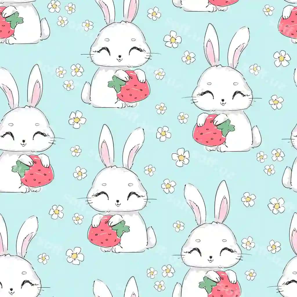 Bezbozilik naqshidagi chiroyli tulki bodom gullari bilan | Seamless pattern cute bunny with strawberry flowers