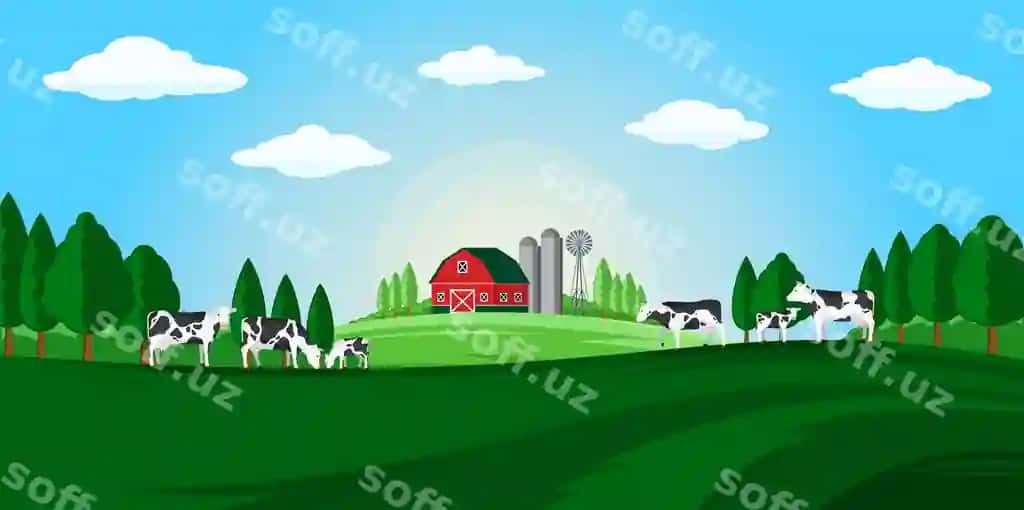 Ferma sigirlari buzoqlari bilan yozgi qishloq manzarasi vektori | Vector summer rural landscape with farm cows calves