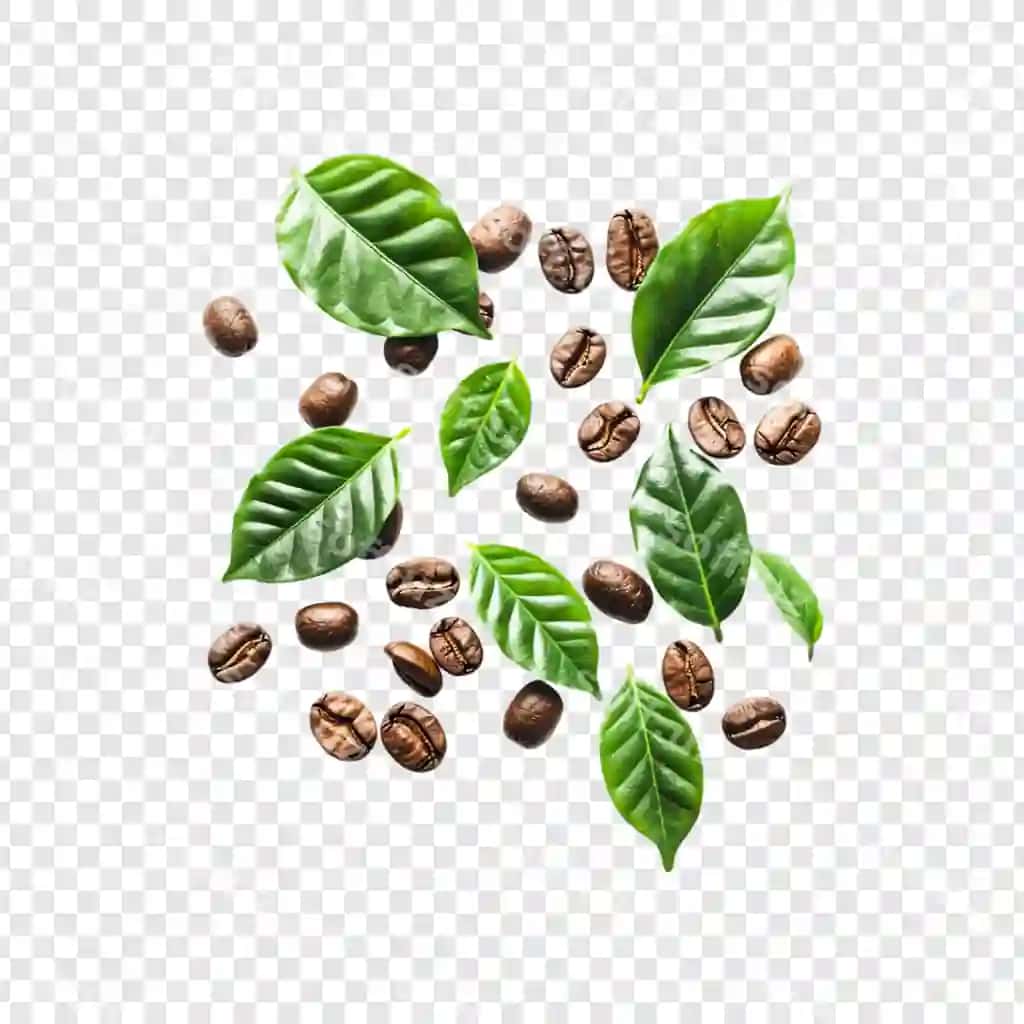 Qahvo bonqonlari yashil varaq bilan ajraltirilgan oq orqa fonda | Coffee beans with green leaves isolated white background