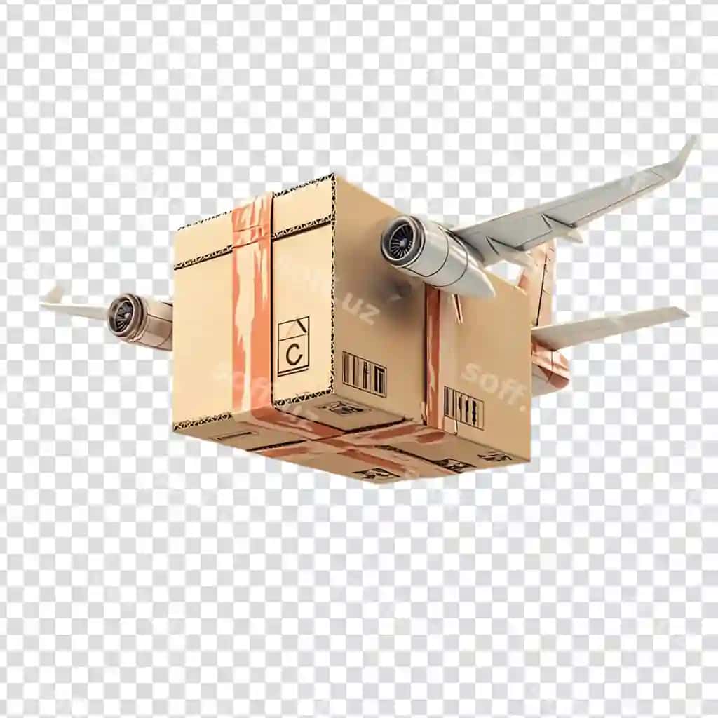 Paket qutisi samolyot havo ichida volayotgan shaffof orqa fonda | Parcel box with airplane flying air transparent background