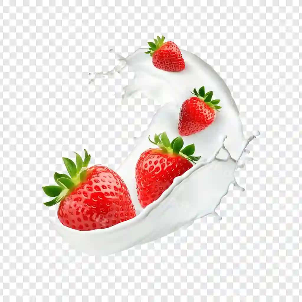 Yangi sut sovuq urishi qurdiu mevalari bilan ajraltirilgan shaffof fon | Fresh milk splash with strawberry fruits isolated transparent background