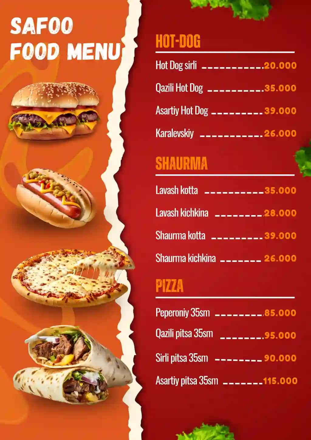 Fast food menu