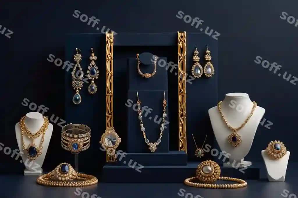 Murakkab ziravor namoyishi ko'k mavji orqa fonda | Sophisticated jewelry display navy blue background