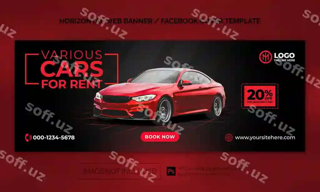 Mashina ijaraga sotuv goxorizontal banner Facebook cover reklama shabloni | Car rental sale horizontal banner facebook cover advertising template