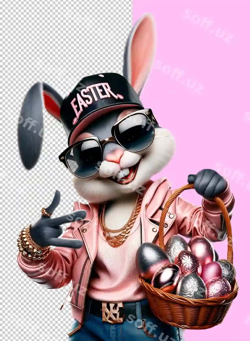 Pasxa tuxumsi hip-hop glamur stili korzinka bilan shaffof Pasxa tuxumlari | Easter bunny hiphop glamour style with basket easter eggs transparent