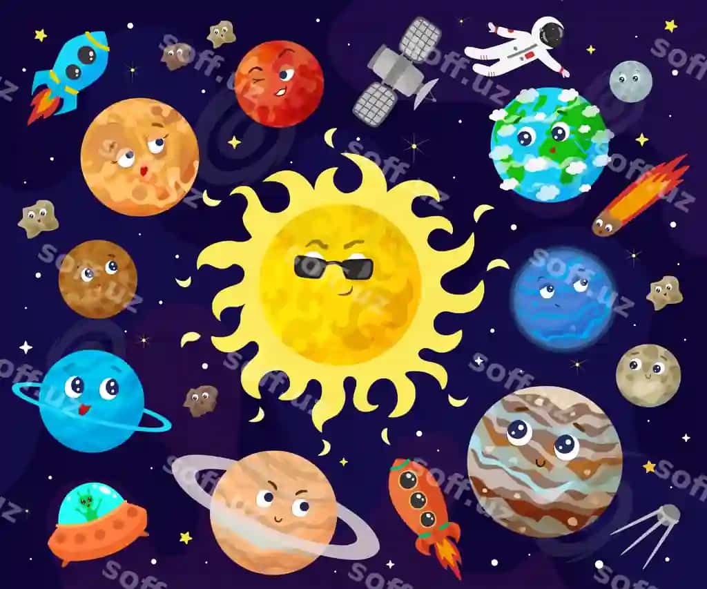 Faza, universum, chiroyli multfilm sayyoralar, asteroidlar va kometlar illustratsiyasi | Illustration space universe cute cartoon planets asteroids comet