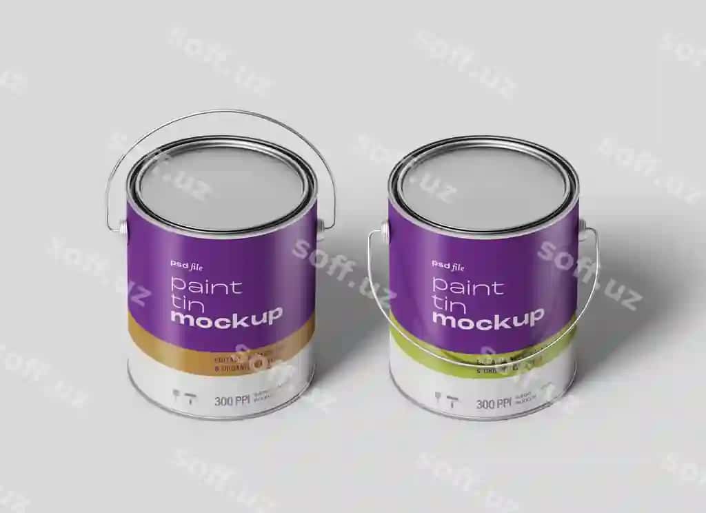 Boyoq varag'i vedro namunasi, boyoq varag'i namuna shablon dizayn komplekti | Paint tin bucket mockup paint tin mock up template design set