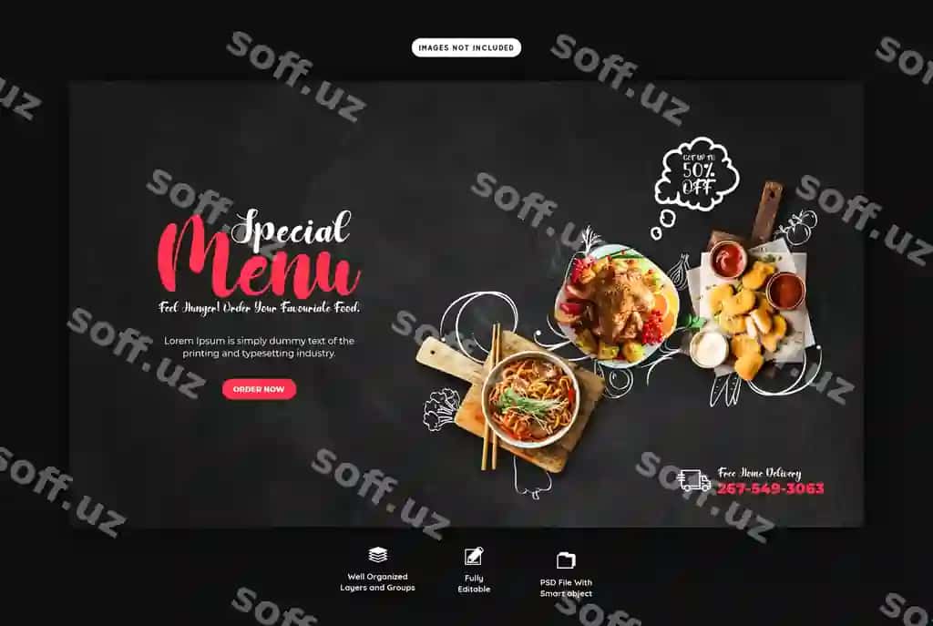 Ovqat menyu restoran veb baner shabloni | Food menu restaurant web banner template