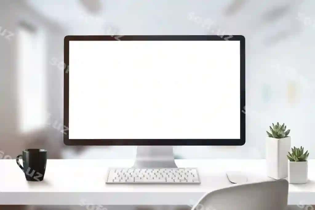 Offis ish stoli kofe qoshiqi klaviatura sichqoncha rivojlari ekran | Office work desk with cup off coffee keyboard mouse plants screen
