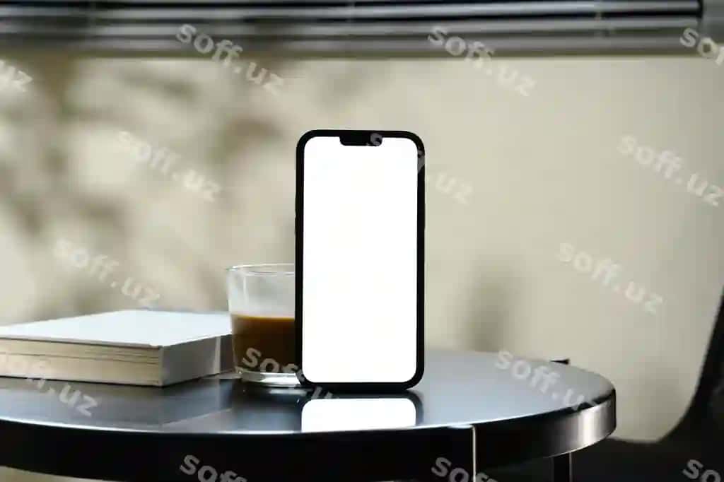 Old tomondan ko'rinish akillı telefon bo'sh ekran bilan kofe kitobi chiroyli qora stol | Front view smartphone with blank screen coffee book sleek black table