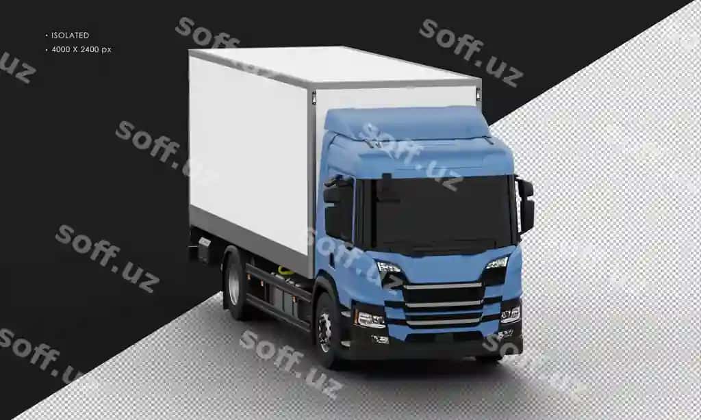 Ajraltirilgan realistik parqli ko'k katta qutli tranzit yuk avtomobili o'ng oldingi tomondan | Isolated realistic shiny blue big box transit truck from right front