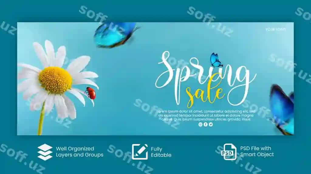 Gullar bosalgan baho qish loga chegirma sotuv shabloni | Psd blooming flowers happy spring discount sale banner template