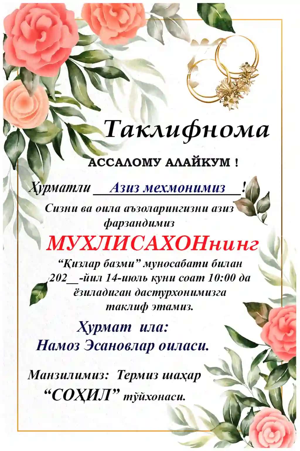 Taklifnoma qizlar bazmi
