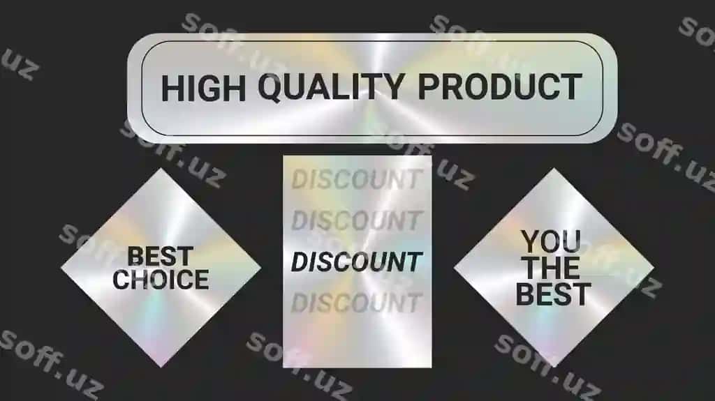 Holografik stikerlar logotiplar emblema etiketlar ranglar to'plami | Holographic stickers logos emblem labels color set