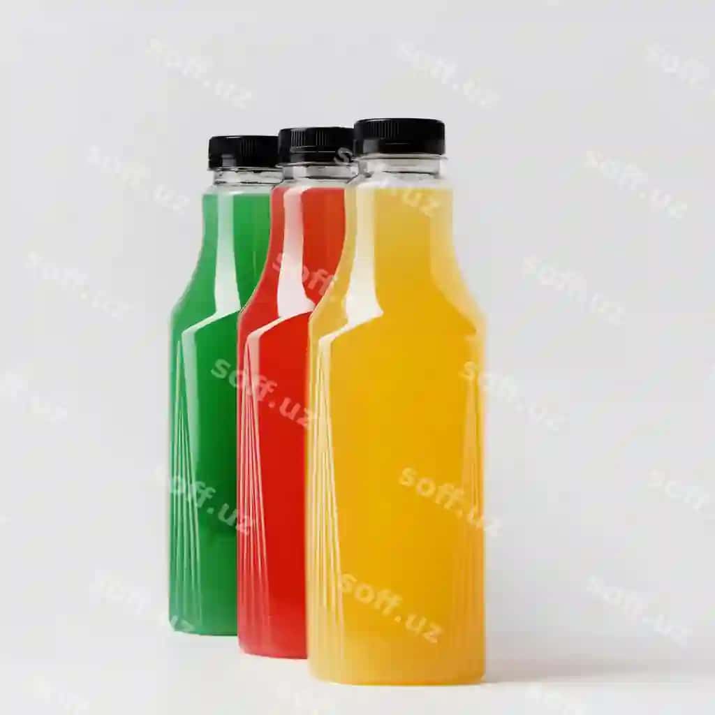 Old ko'rinishdagi to'plam shaffof shirin ichimliklar shishalari kap bilan | Front view assortment transparent juice bottles with caps