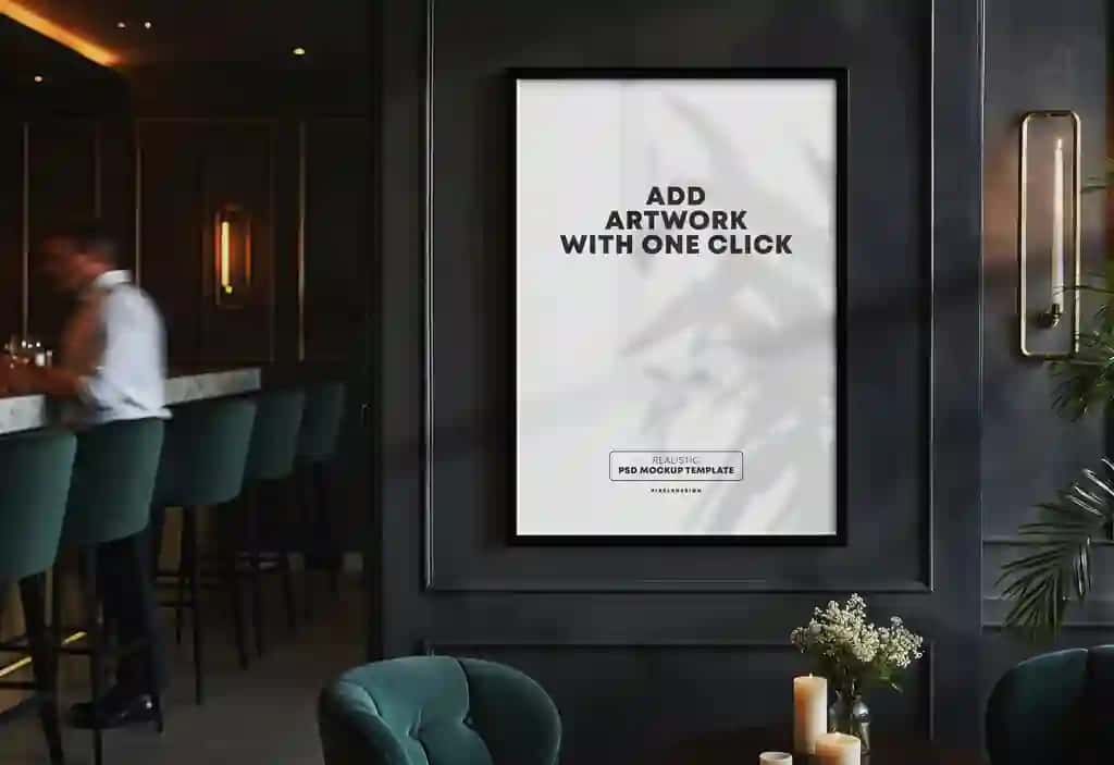 Restoran zalining plakati ramkasi maketi | Restaurant lounge poster frame mockup scene