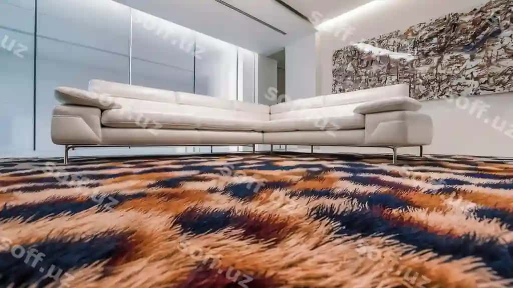 Gilam divan oq devor yonida yorqin zamonaviy uy mehmonxonasi | Carpet sofa near white wall bright living room modern house