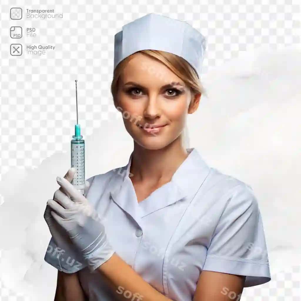 Tabrig'iy xamshira siringa tutgan shaffof orqa fonda | Smiling nurse holding syringe transparent background