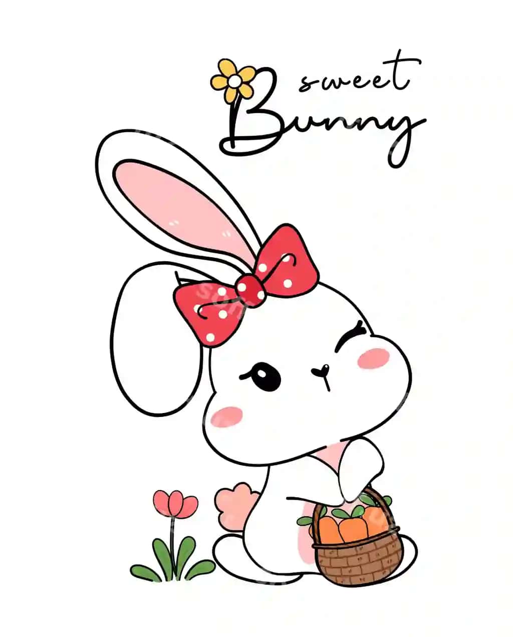Chiroyli shirin baxtli oq qiziq baby rabbit qizil ruchka carrot savat | Cute sweet happy white bunny baby rabbit with red bow carrot basket