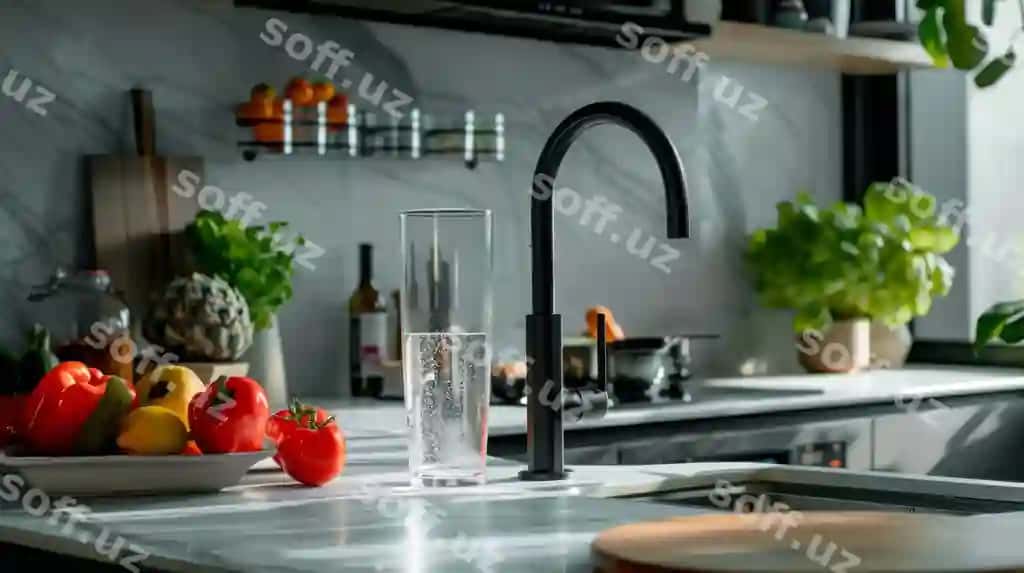 Zamonaviy oshpazlik joylashuvi krany o'rnatilgan suv filteri taze mahsulotlar sog'liqli hayot | Modern kitchen setup with faucet mounted water filter fresh produce healthy lifestyle