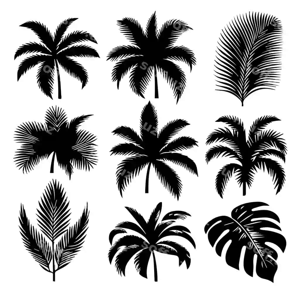 Vektorlar to'plami tropik varaq, oddiy siluet uslubida, oq orqa fonda | Vector set tropical leaves with simple silhouette style white background