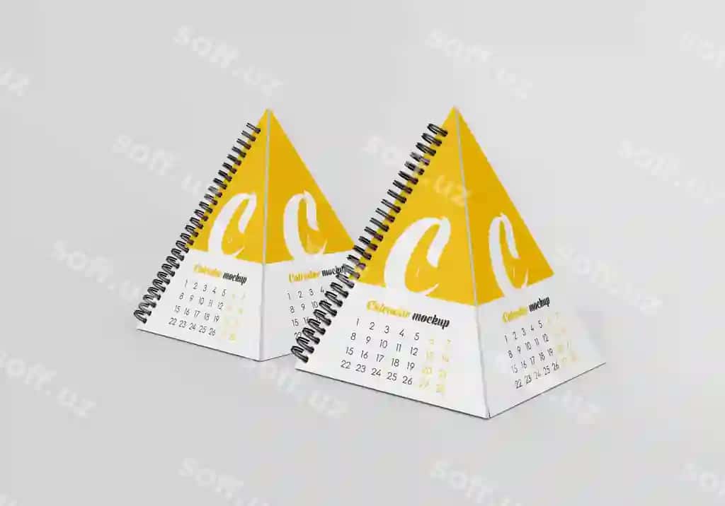Spiralka piramida stol kalendar namunasi | Spiral pyramid desk calendar mockup