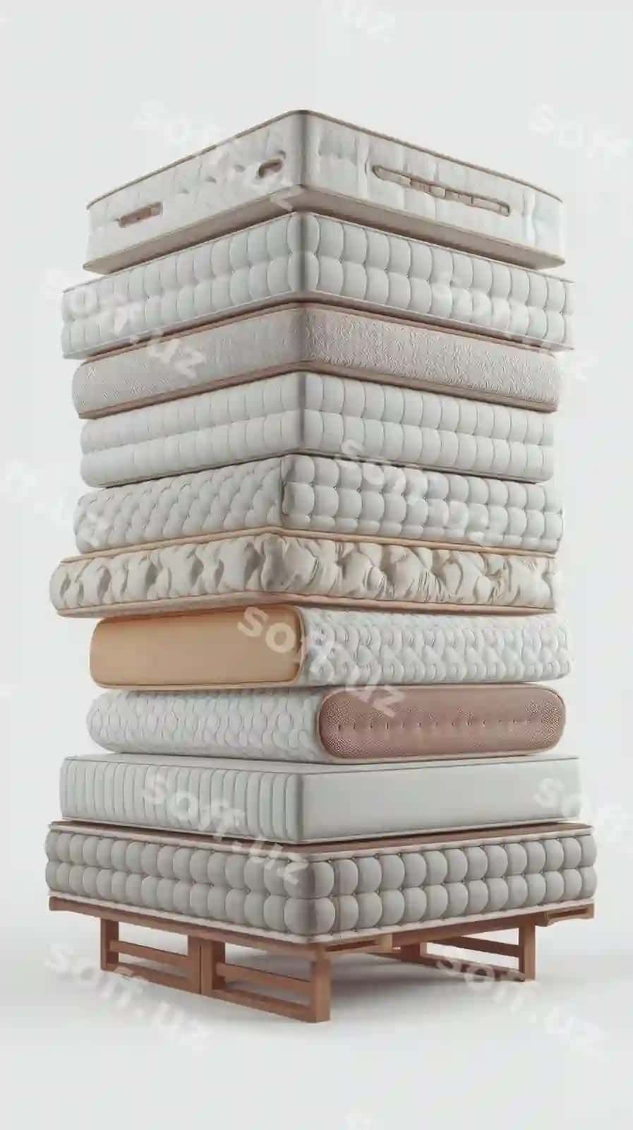 Matraslar joylashgan isolatsiya qilingan oq fonda 3D illustratsiyasi | Mattresses stack isolated white background 3d illustration