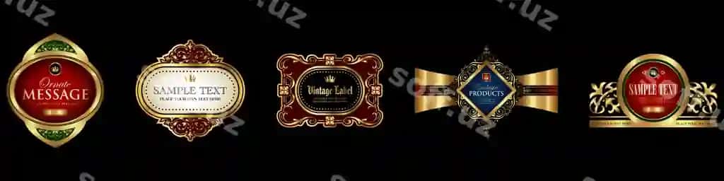 Retro vintage oltin badjlar kollektsiyasi luks bezatilgan ramkalar gerb | Retro vintage golden badges collection luxury ornate frames crest