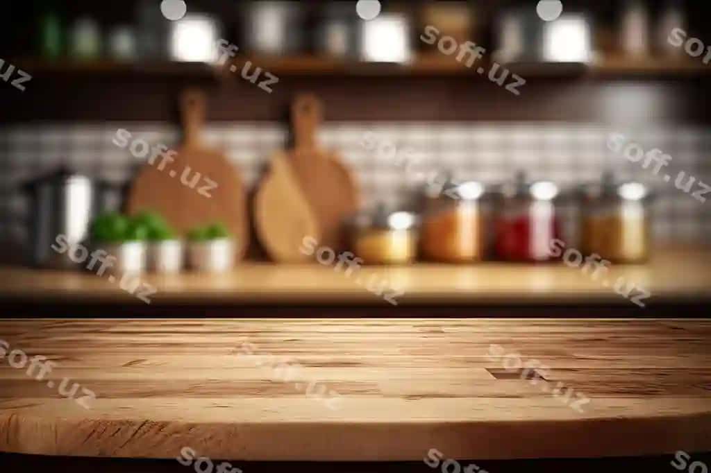 Yorqin gilam stol bulanmagan oshxona foni zamonaviy gilamli stol namuna montaj mahsulot ko'rsatish generativ sun'iy intellekt illustratsiyasi | Light wood table blurred kitchen background modern wooden table mockup montage product display generative ai illustration