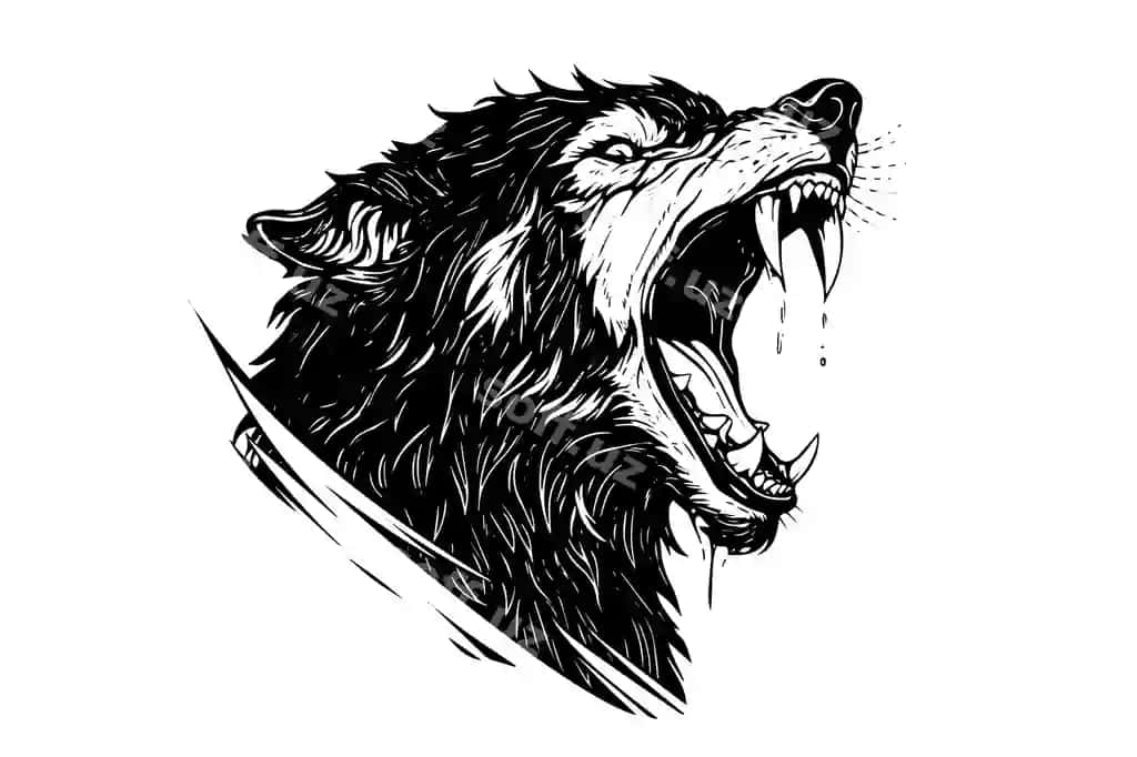 Hursand buz boshi qol bilan chizilgan chaylak chizigi, gravirovka, vintaj uslubi, vektor | Angry wolf head hand drawn ink sketch engraving vintage style vector