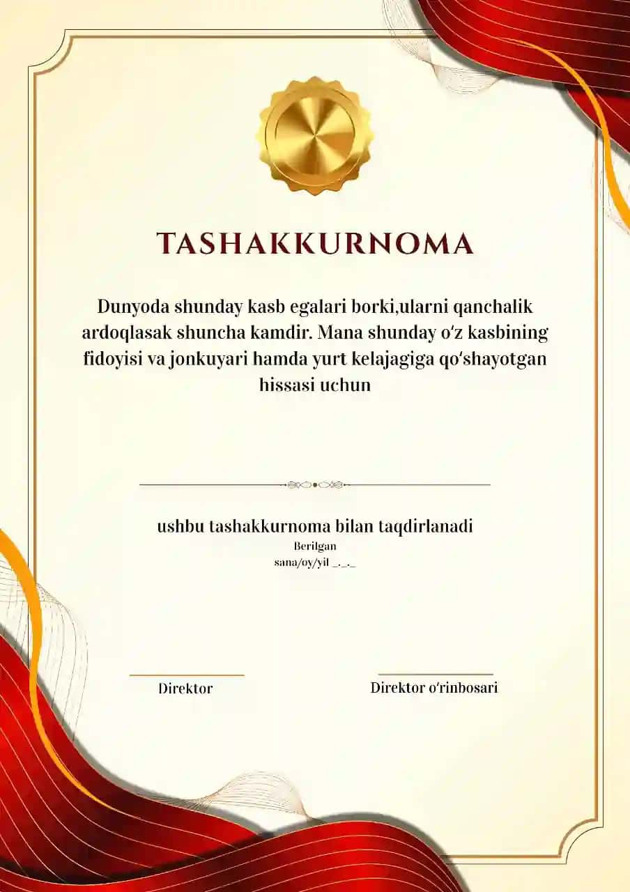 Tashakkurnoma andozasi