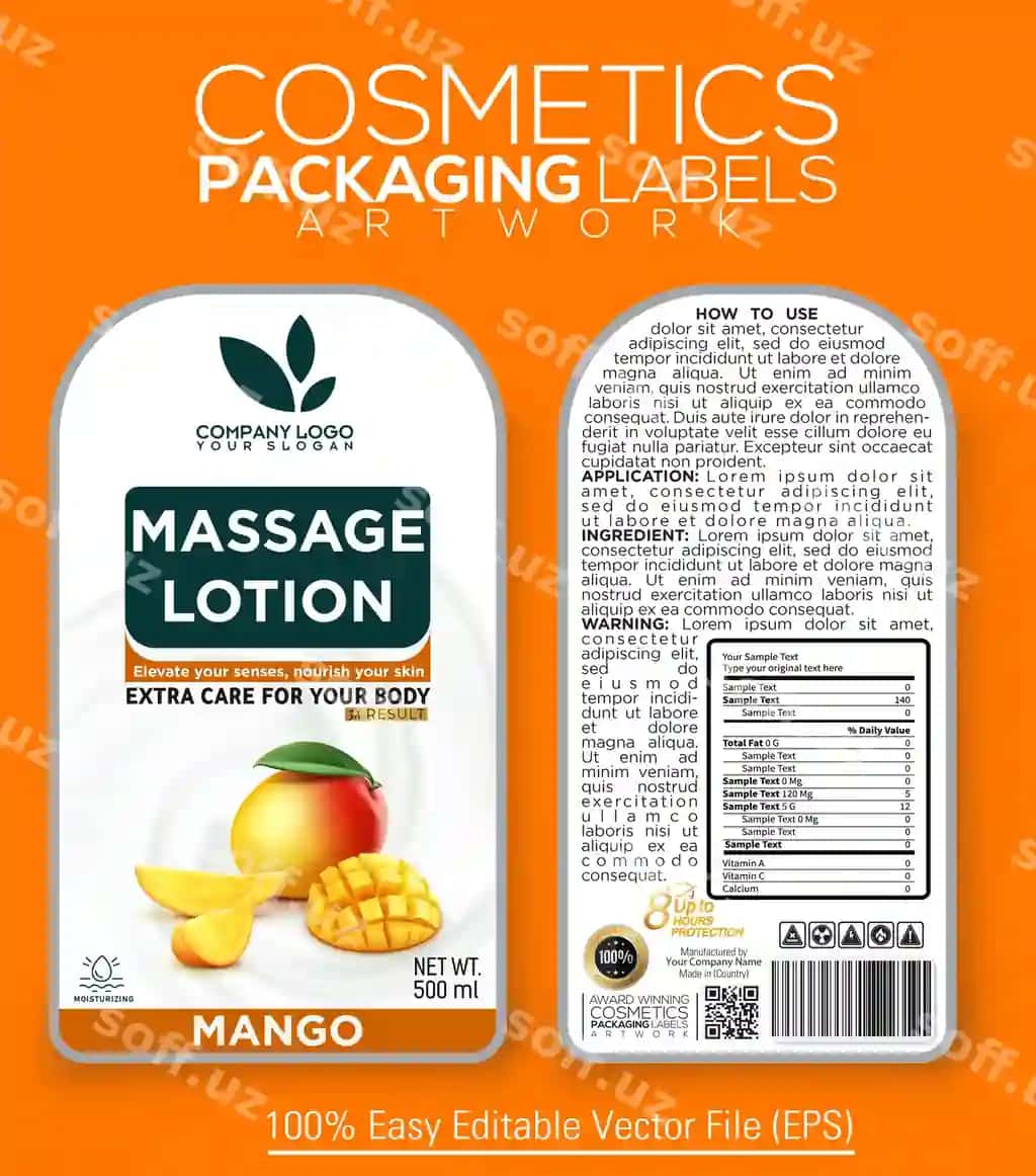 Kosmetika qadoqlash etiketka san'at asari mango essensiyasi bilan massaj lotiy | Cosmetics packaging label artwork massage lotion with essence mango